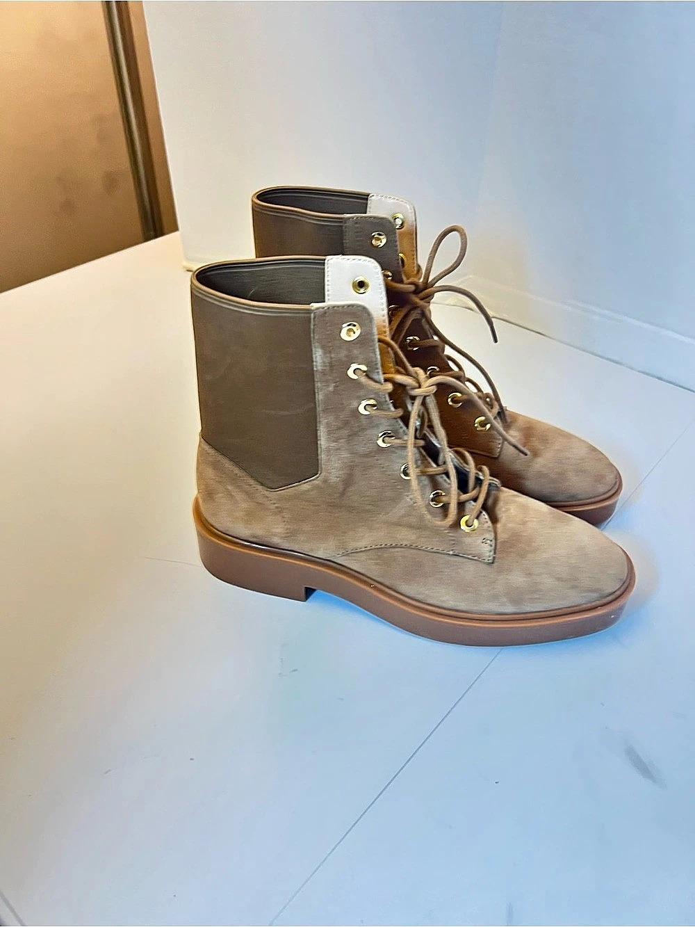 Stuart Weitzman Shackleton Suede Lace Up Lug Sole Booties Brown